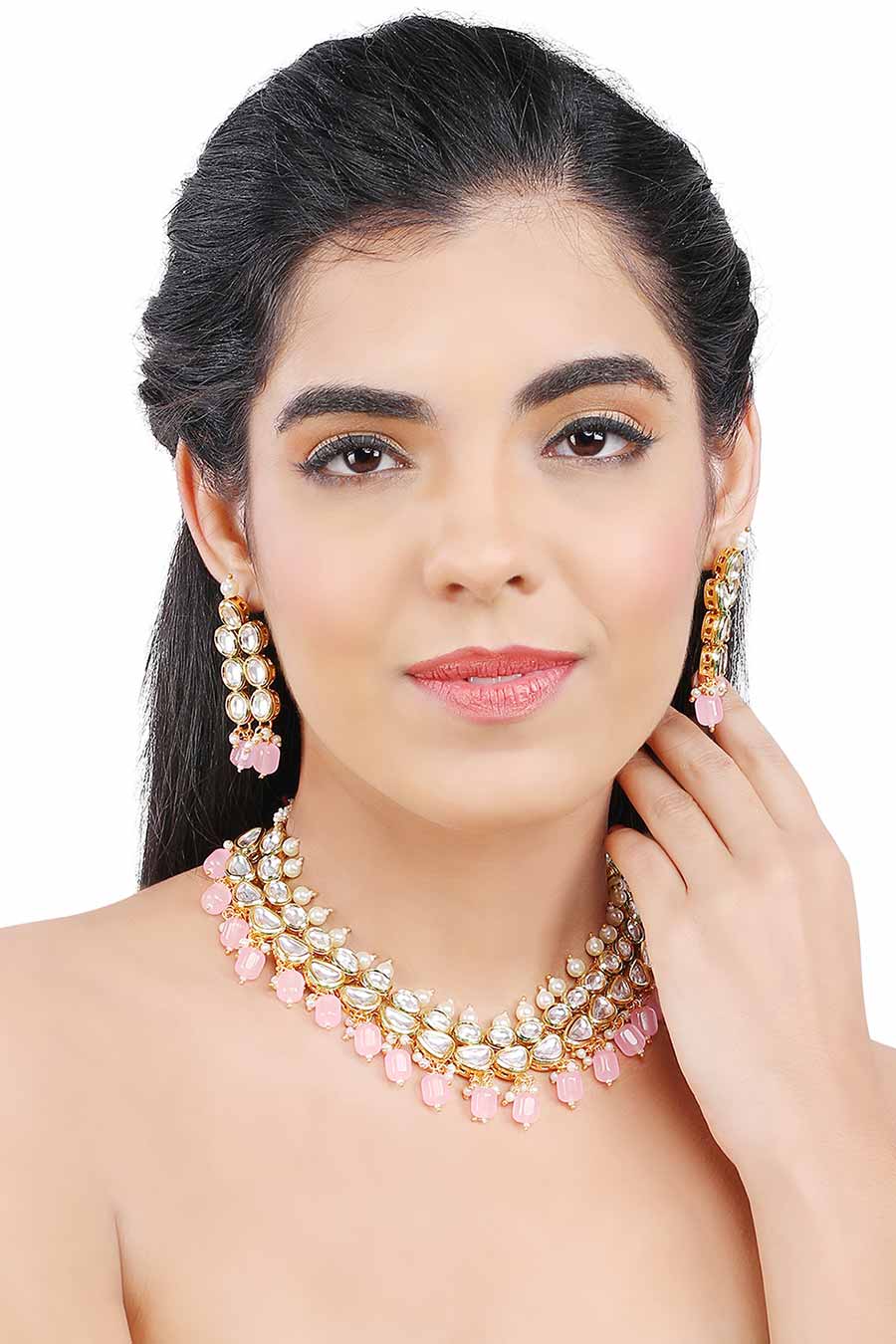 Gold Finish Kundan & Pink Drop Choker Necklace & Earrings Set