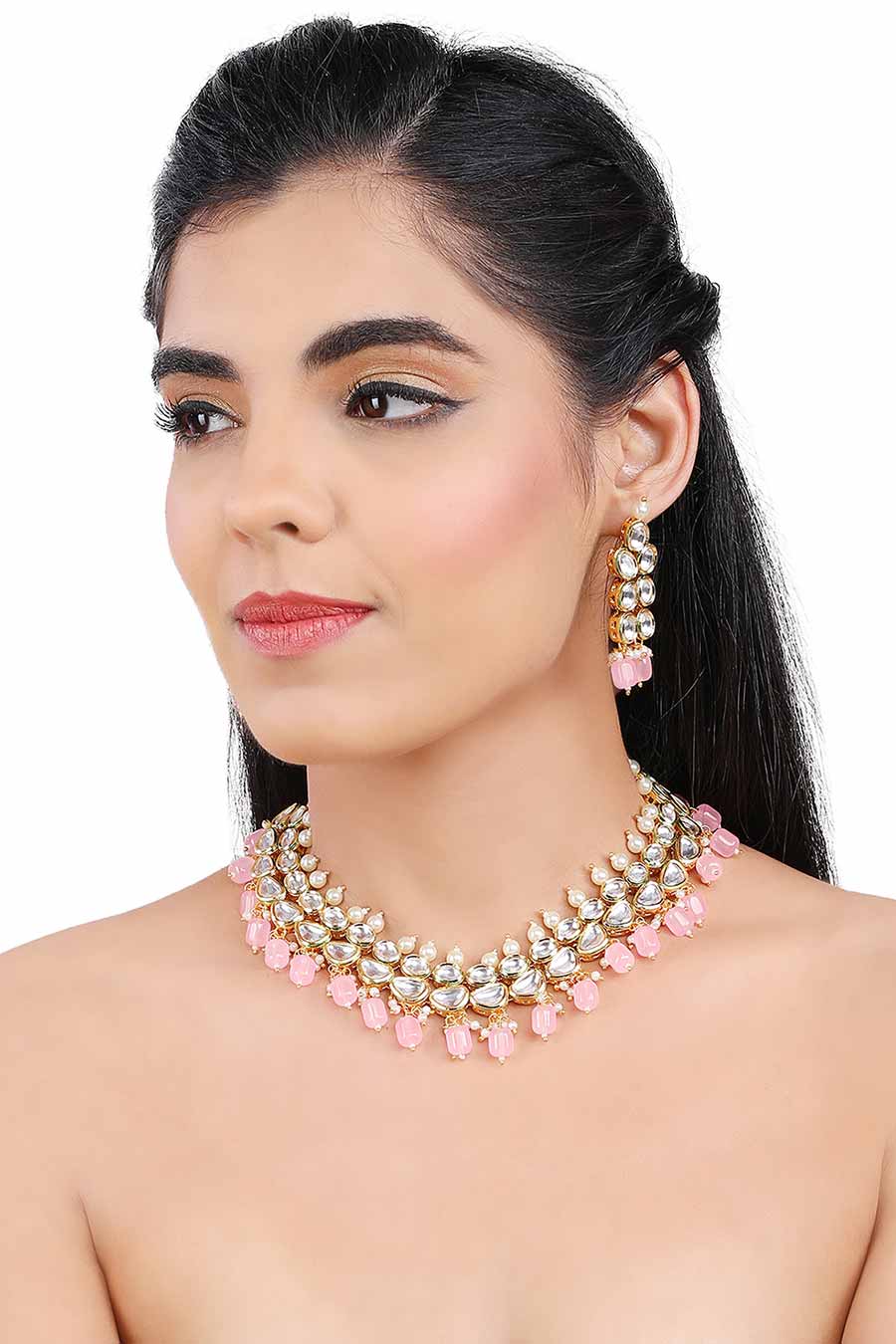 Gold Finish Kundan & Pink Drop Choker Necklace & Earrings Set