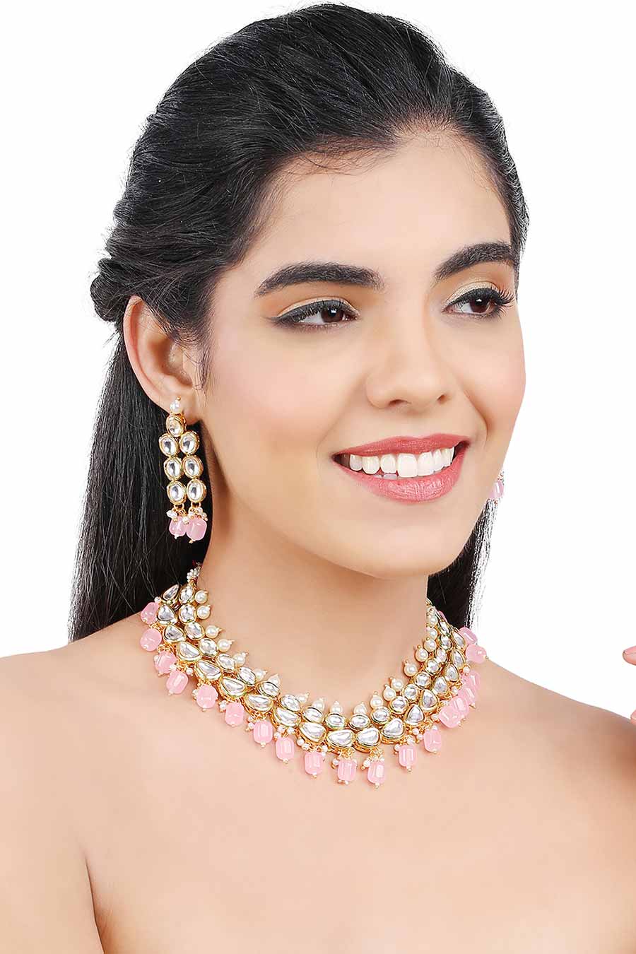 Gold Finish Kundan & Pink Drop Choker Necklace & Earrings Set