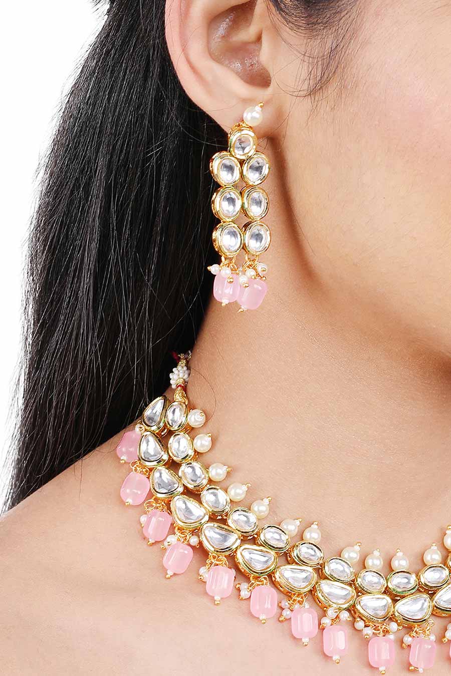 Gold Finish Kundan & Pink Drop Choker Necklace & Earrings Set