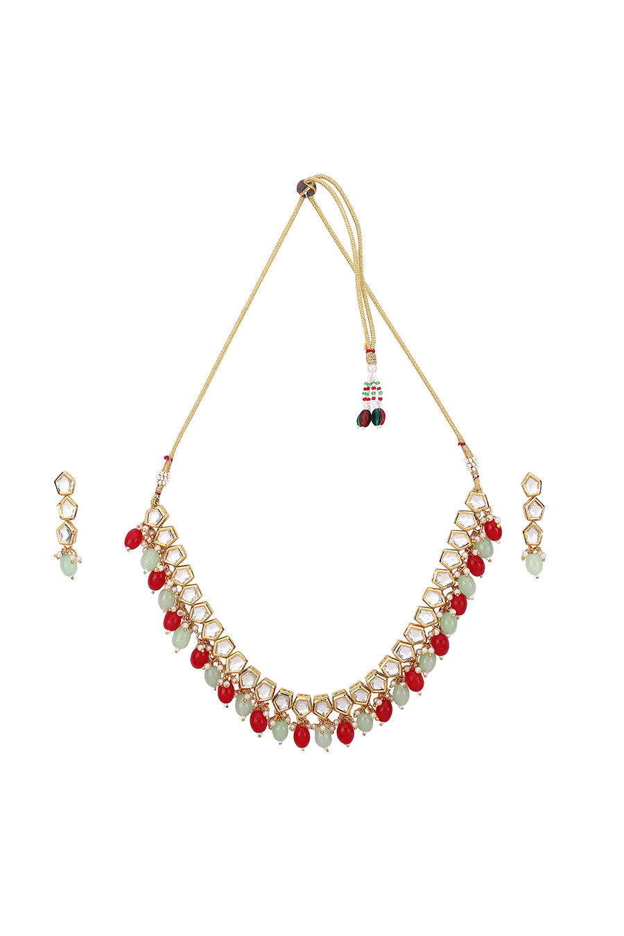 Gold Finish Diamond Shape Kundan Choker Necklace & Earrings Set