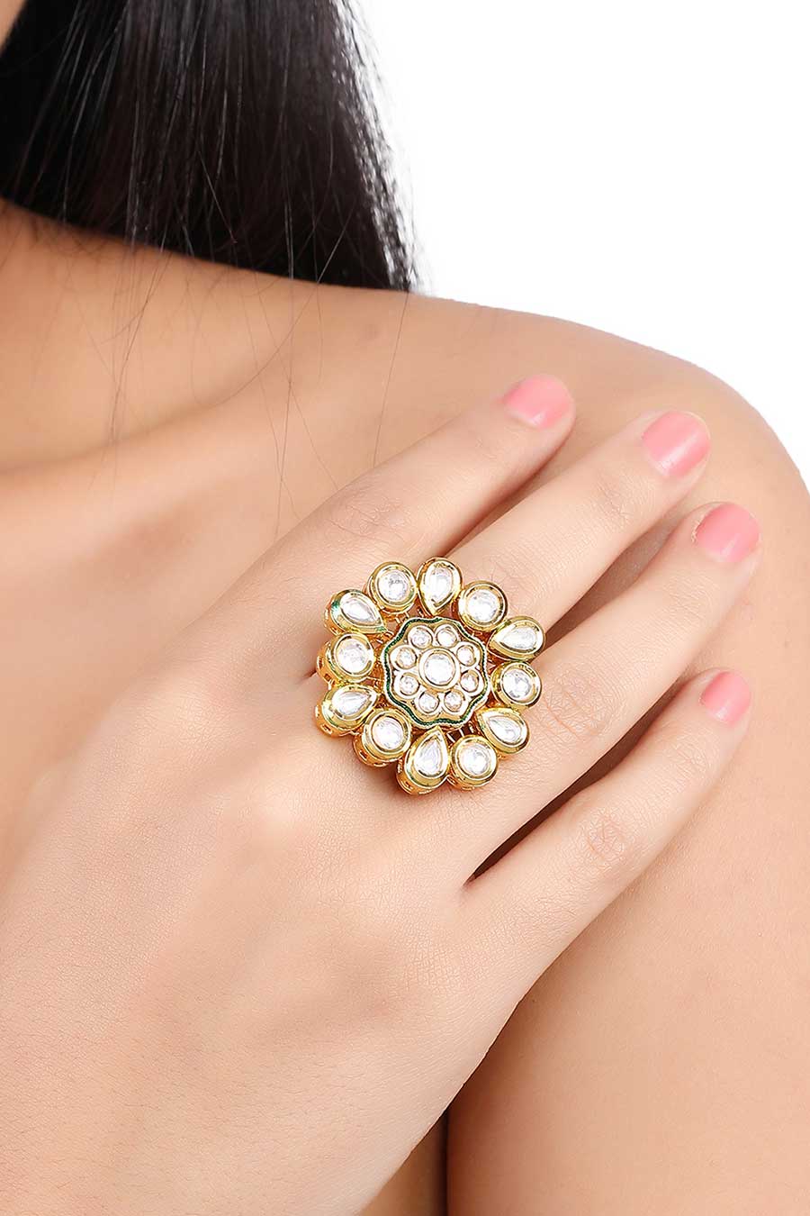 Gold Finish Green Floral Shape Ring
