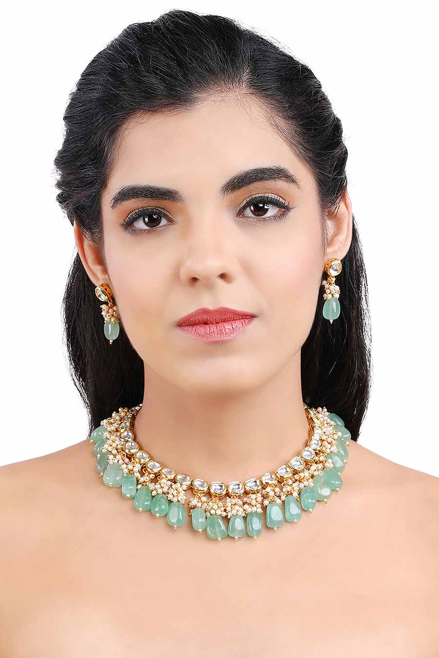 Gold Finish Kundan Choker Necklace & Earrings Set