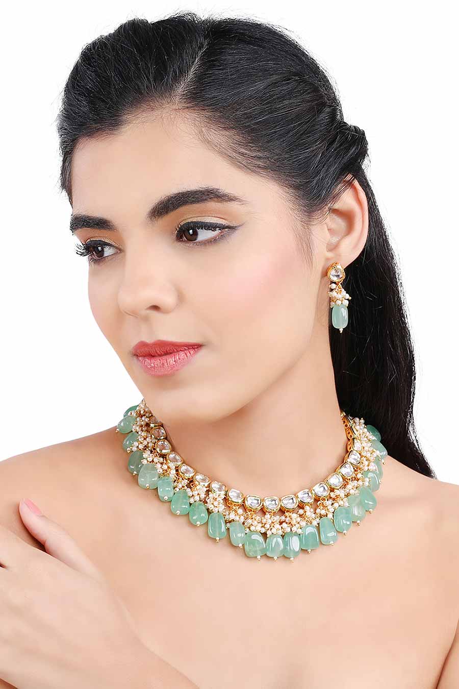 Gold Finish Kundan Choker Necklace & Earrings Set