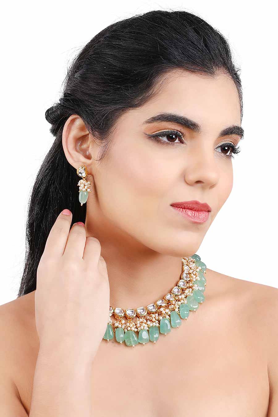 Gold Finish Kundan Choker Necklace & Earrings Set