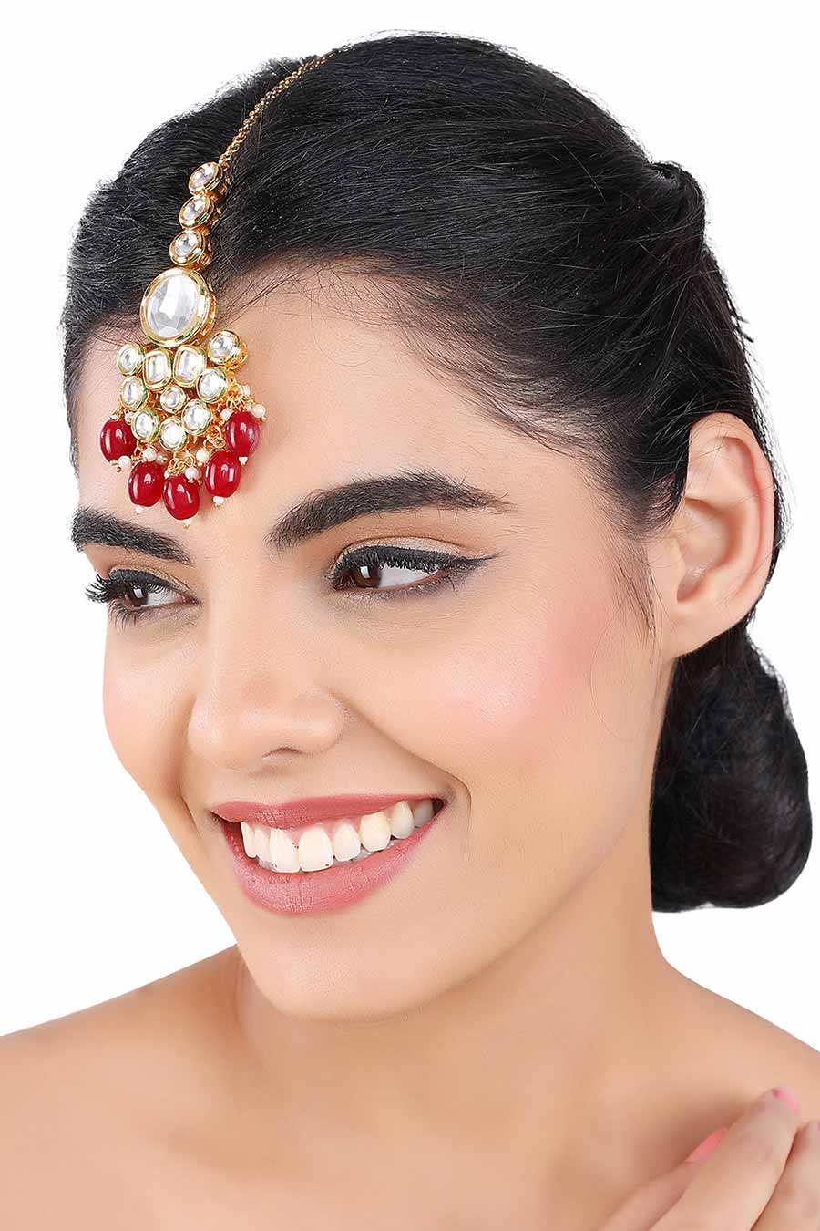 Gold Plated Kundan & Agate Red Beads Maang Teeka