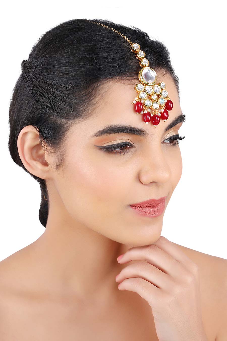Gold Plated Kundan & Agate Red Beads Maang Teeka