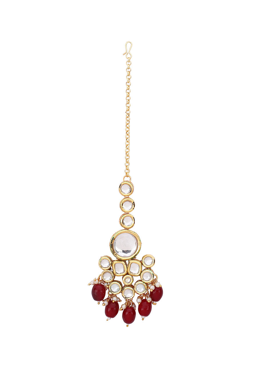 Gold Plated Kundan & Agate Red Beads Maang Teeka