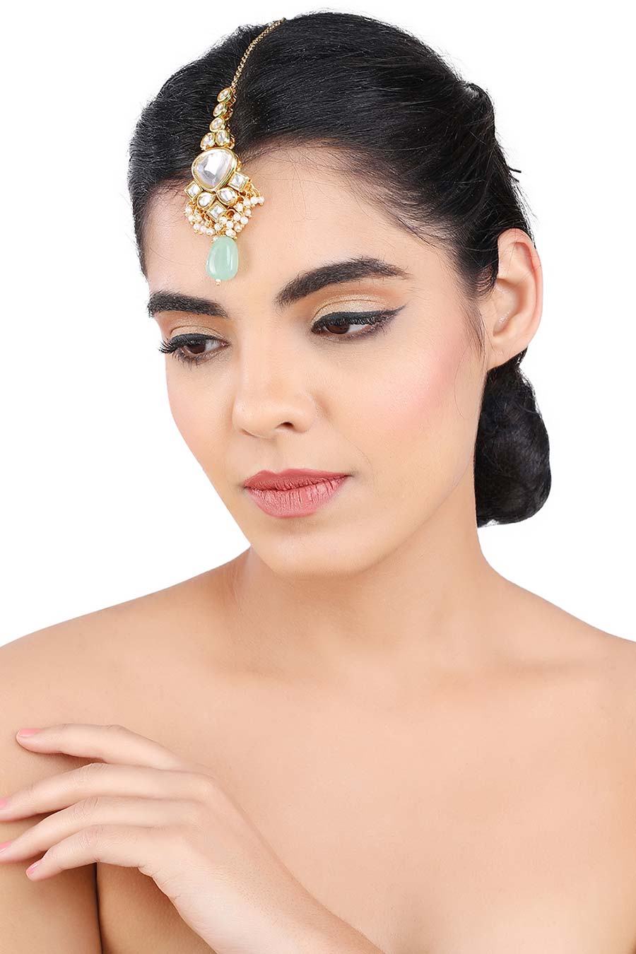 Gold Plated Triangle Work & Pearl Stone Maang Teeka