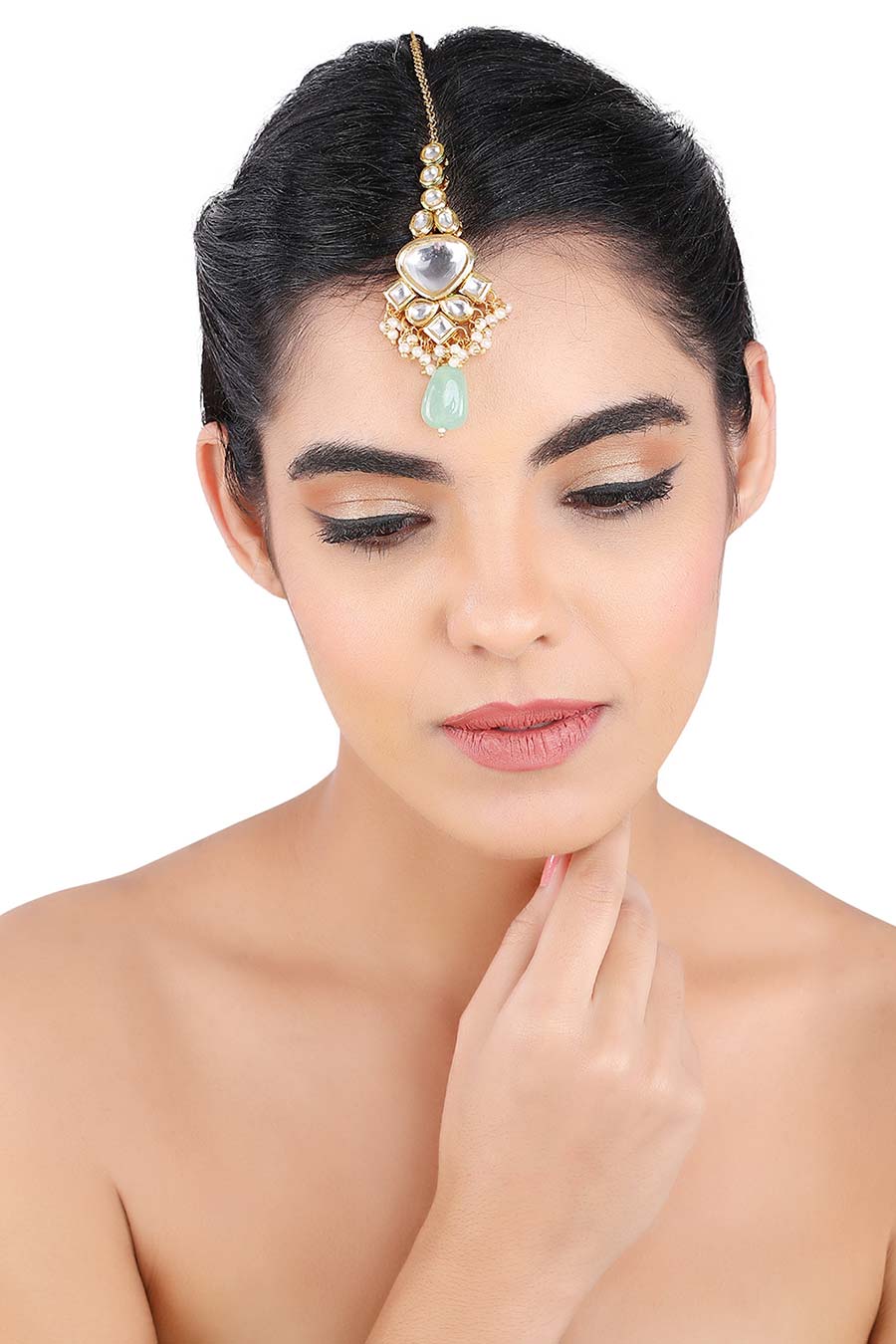 Gold Plated Triangle Work & Pearl Stone Maang Teeka