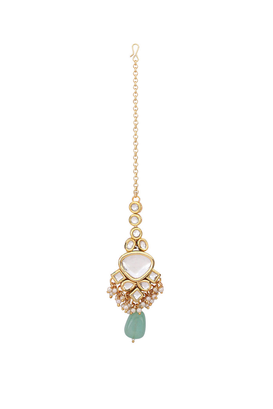Gold Plated Triangle Work & Pearl Stone Maang Teeka