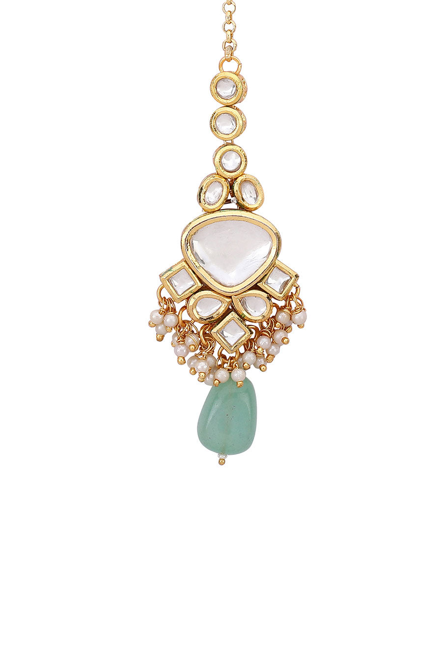 Gold Plated Triangle Work & Pearl Stone Maang Teeka