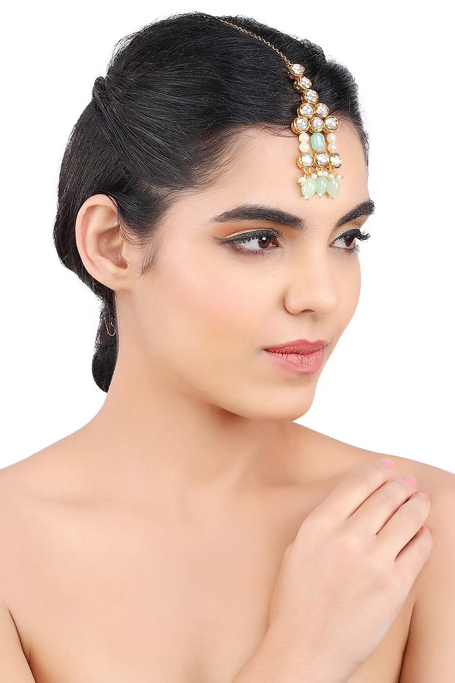 Gold Finish Kundan & Pearl Hangings Maang Teeka