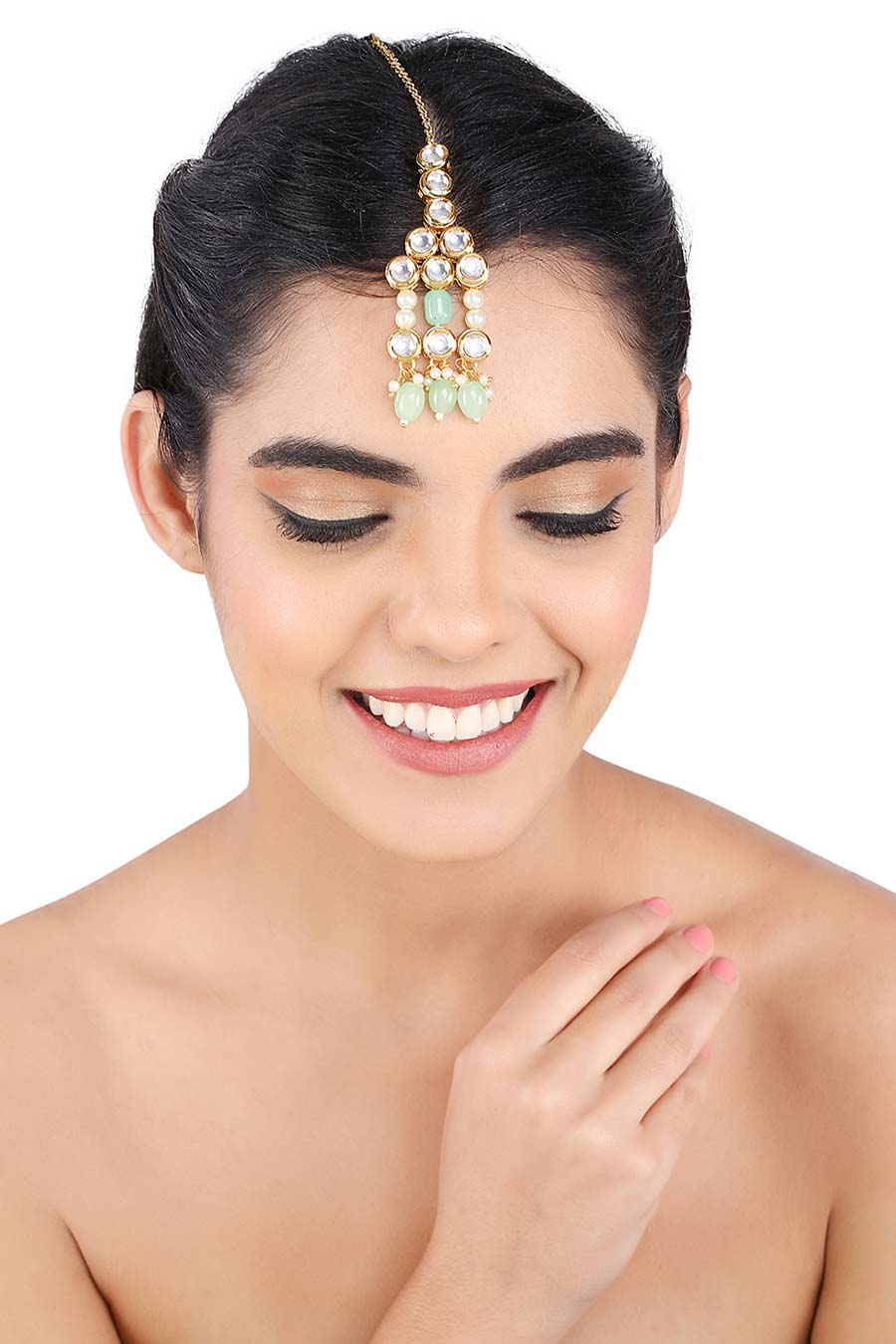 Gold Finish Kundan & Pearl Hangings Maang Teeka