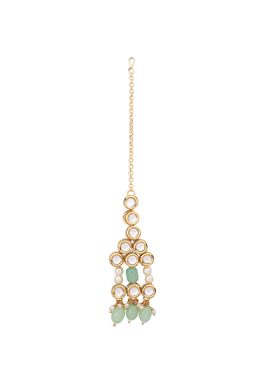 Gold Finish Kundan & Pearl Hangings Maang Teeka