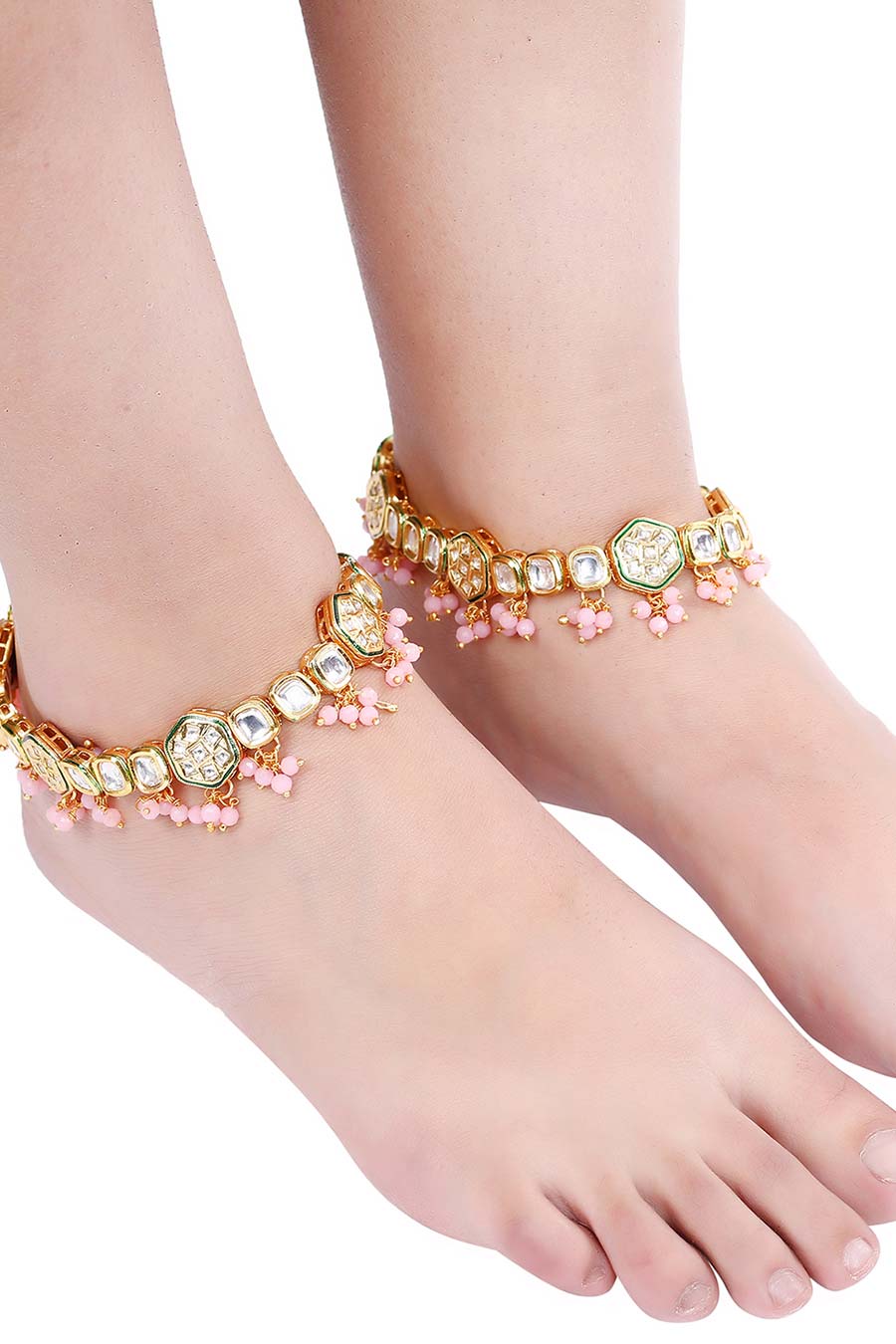 Gold Plated Kundan & Pearl Anklets (Set of 2)