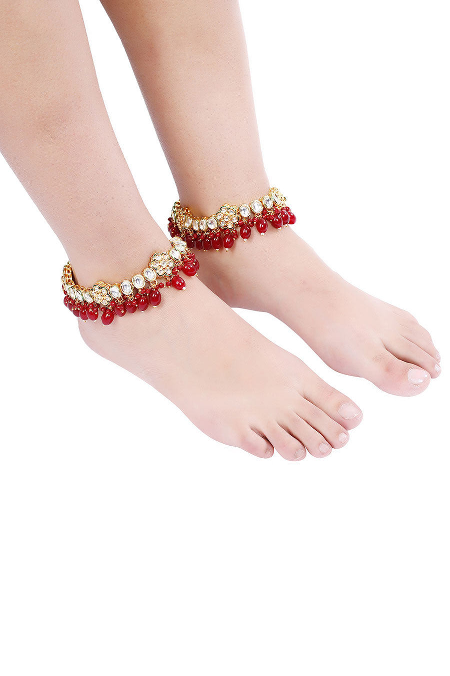 Gold Plated Kundan Polki & Bridal Ruby Stone Anklets (Set of 2)