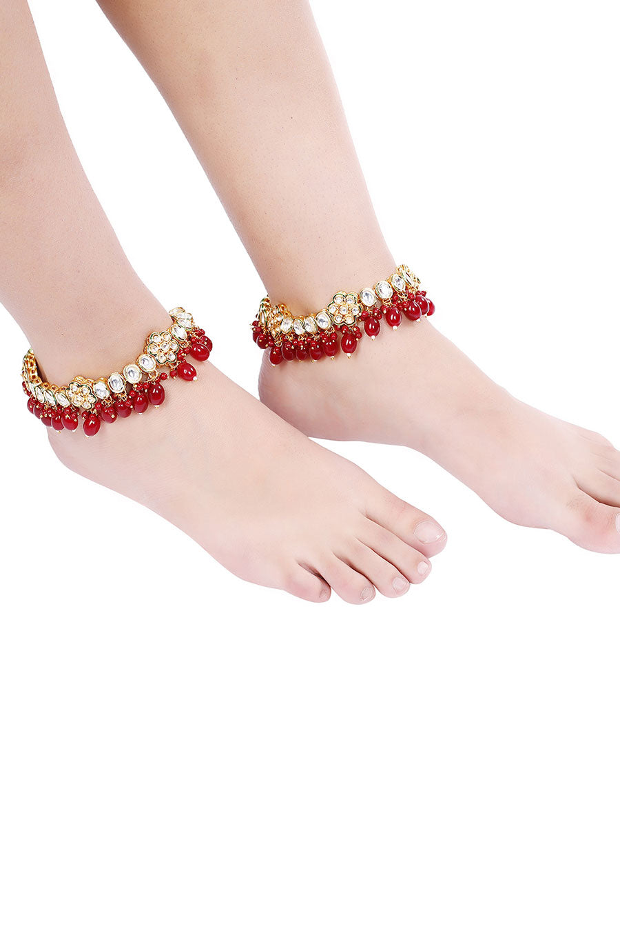 Gold Plated Kundan Polki & Bridal Ruby Stone Anklets (Set of 2)