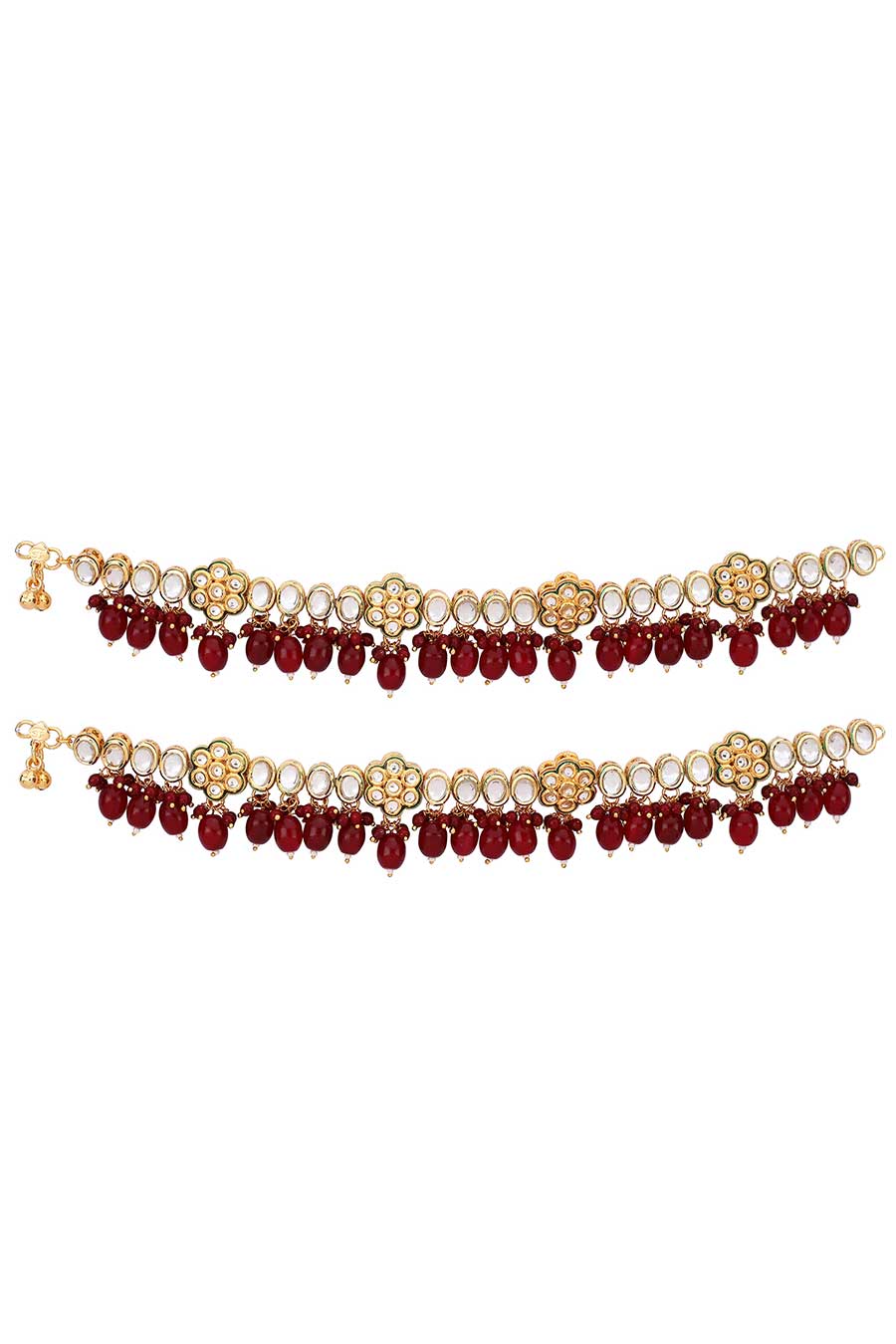 Gold Plated Kundan Polki & Bridal Ruby Stone Anklets (Set of 2)