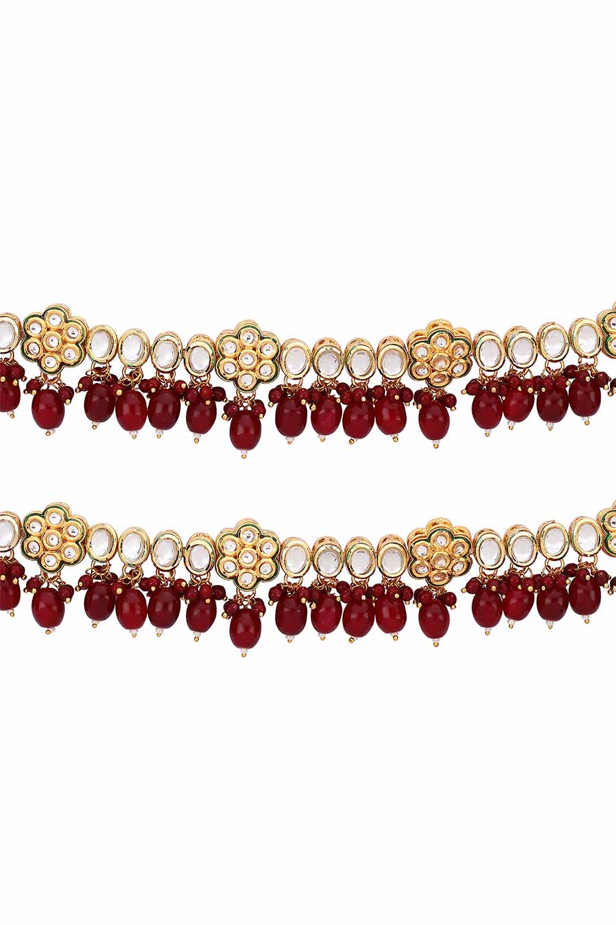 Gold Plated Kundan Polki & Bridal Ruby Stone Anklets (Set of 2)