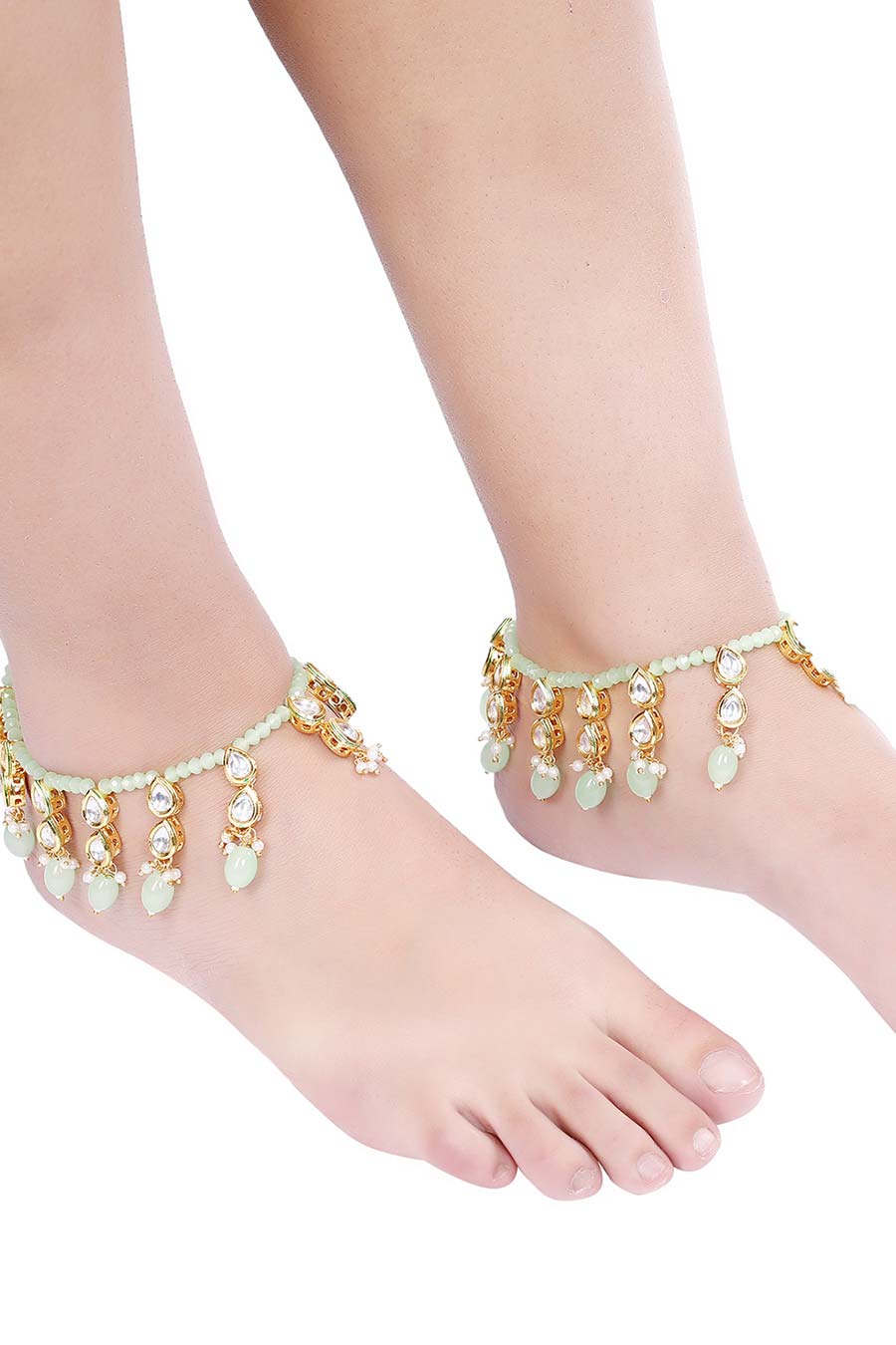 Gold Plated Kundan Stone & Beaded Anklets (Set of 2)