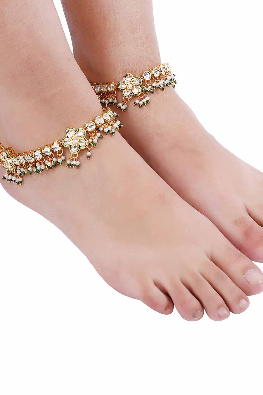 Gold Finish Kundan Floral & Moti Anklets (Set of 2)