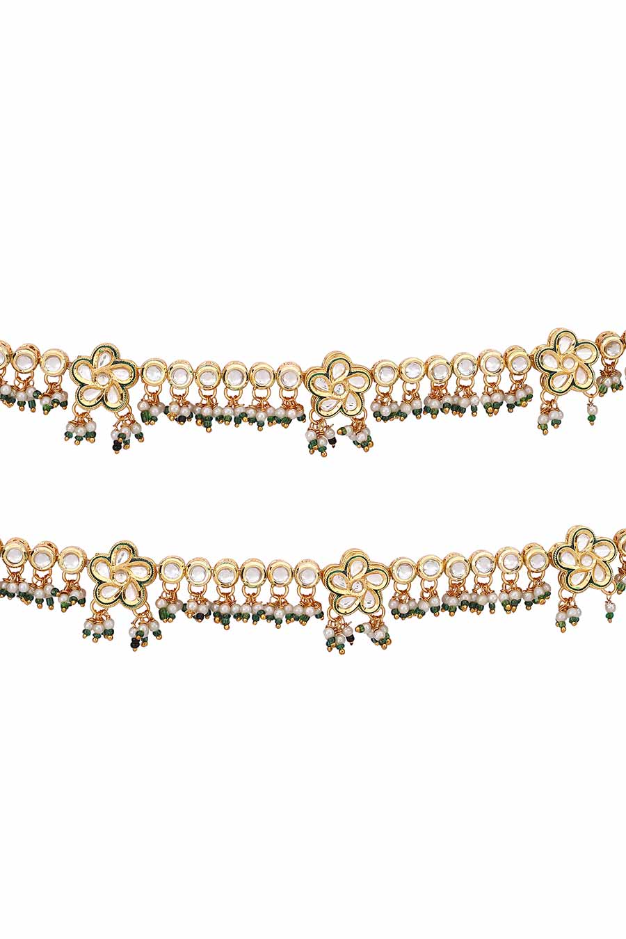 Gold Finish Kundan Floral & Moti Anklets (Set of 2)