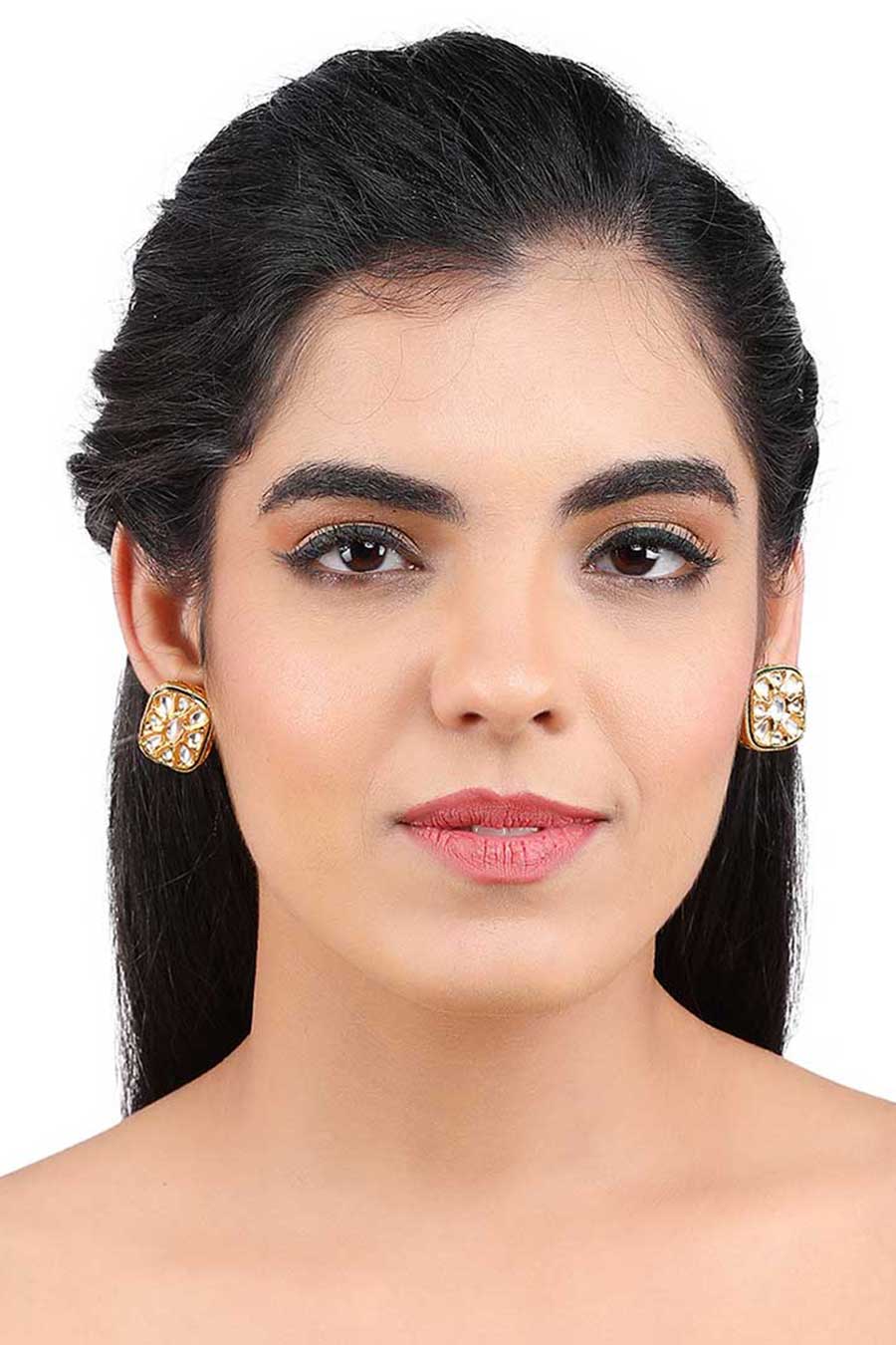 Gold Plated Kundan Green Square Stud Earrings