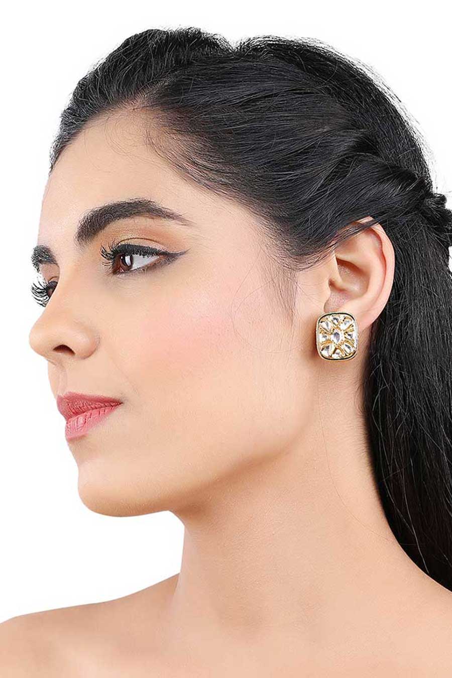 Gold Plated Kundan Green Square Stud Earrings