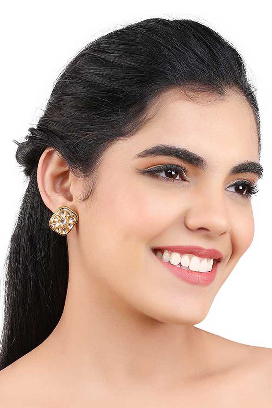 Gold Plated Kundan Green Square Stud Earrings