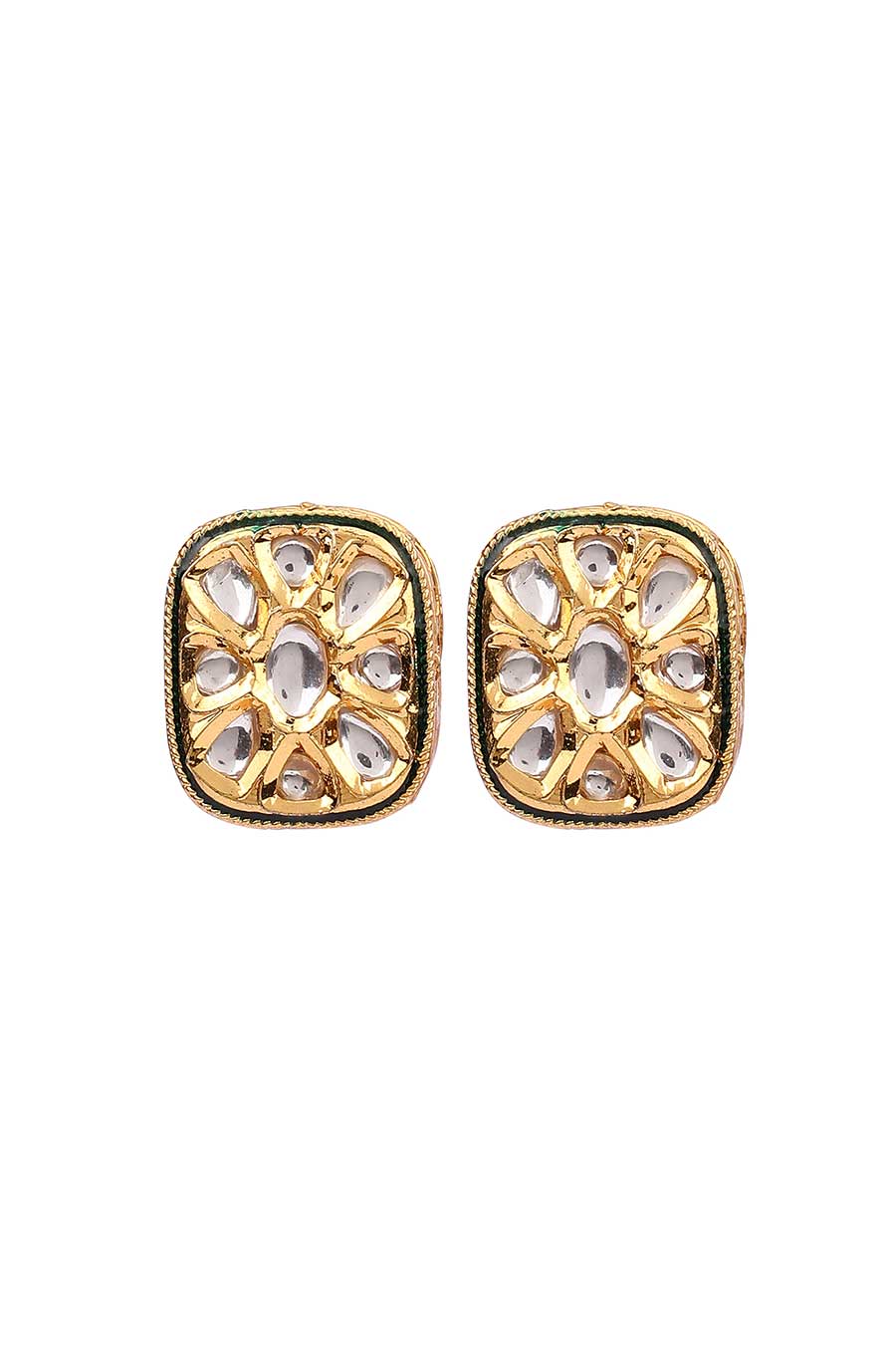 Gold Plated Kundan Green Square Stud Earrings