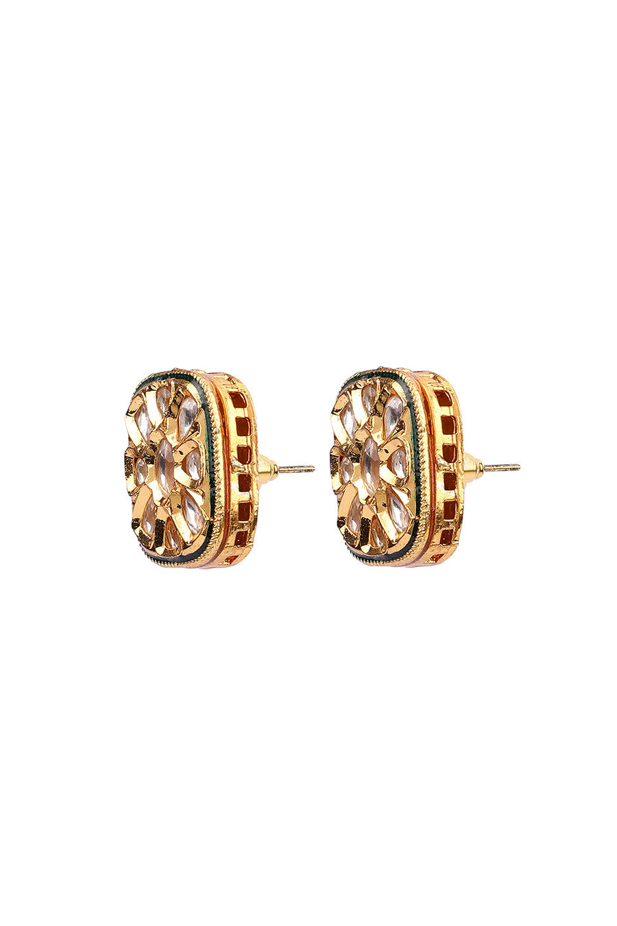 Gold Plated Kundan Green Square Stud Earrings