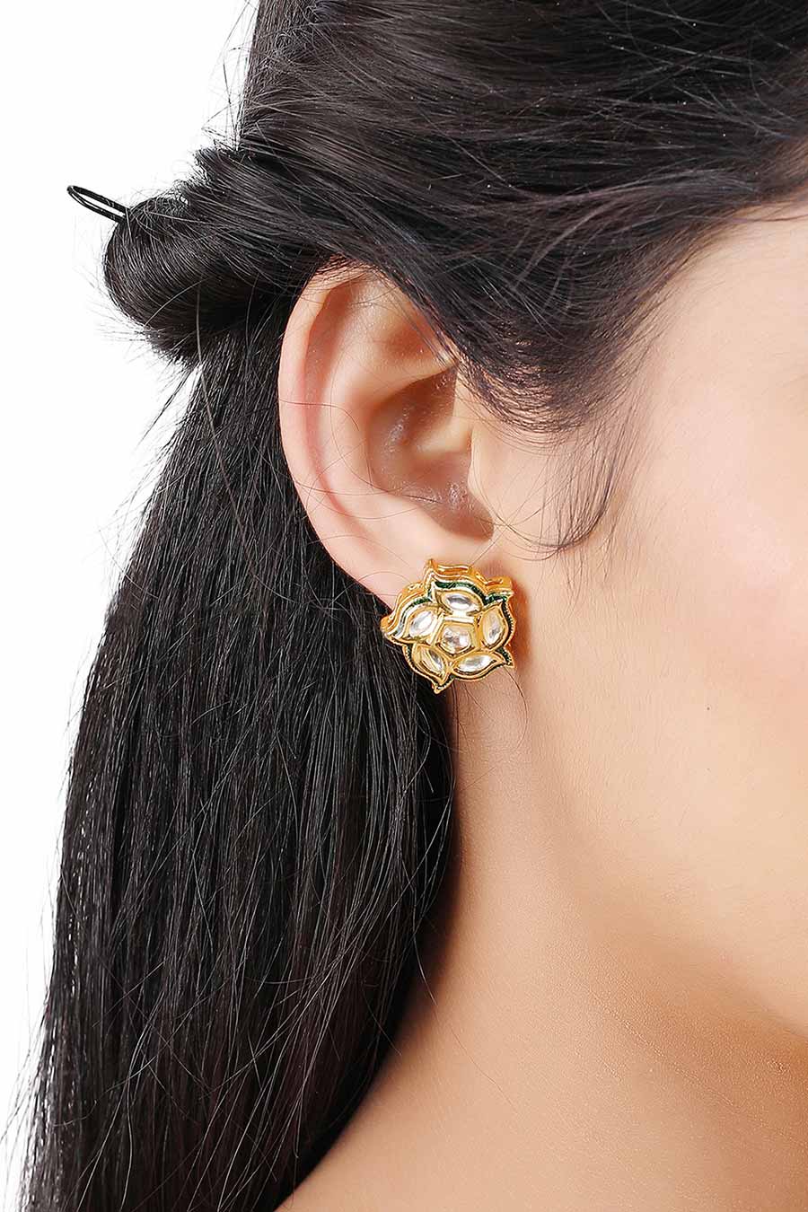 Gold Plated Kundan Floral Stud Earrings