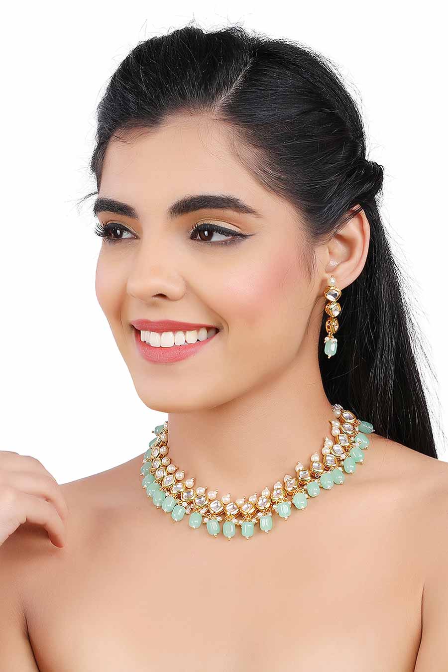 Gold Finish Kundan Mint Necklace & Earrings Set