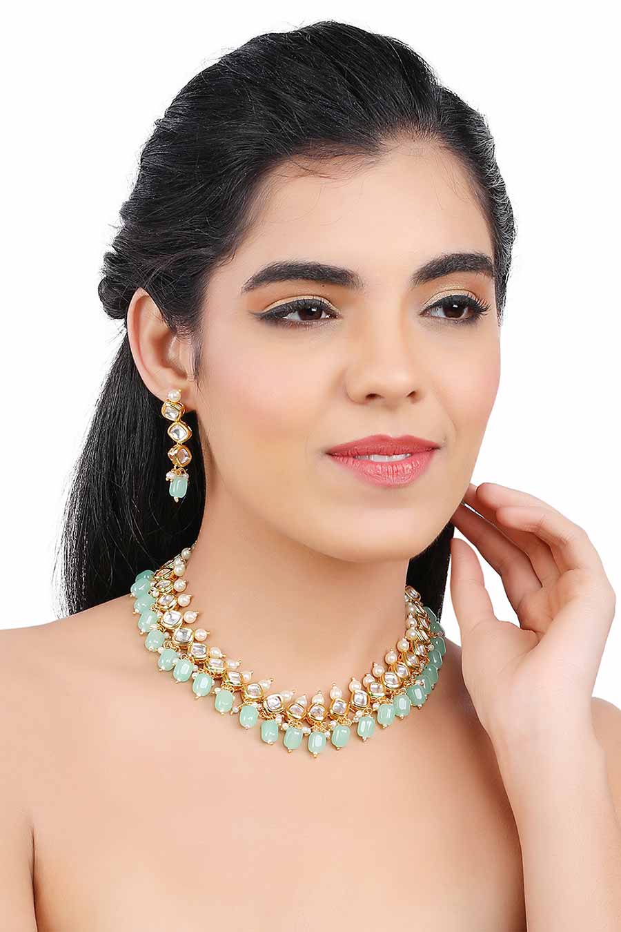 Gold Finish Kundan Mint Necklace & Earrings Set