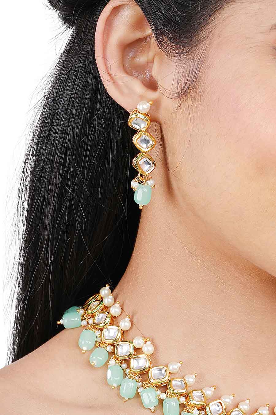Gold Finish Kundan Mint Necklace & Earrings Set