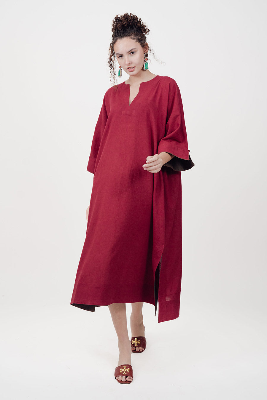 Pravaah Marron Cotton Linen Kaftan