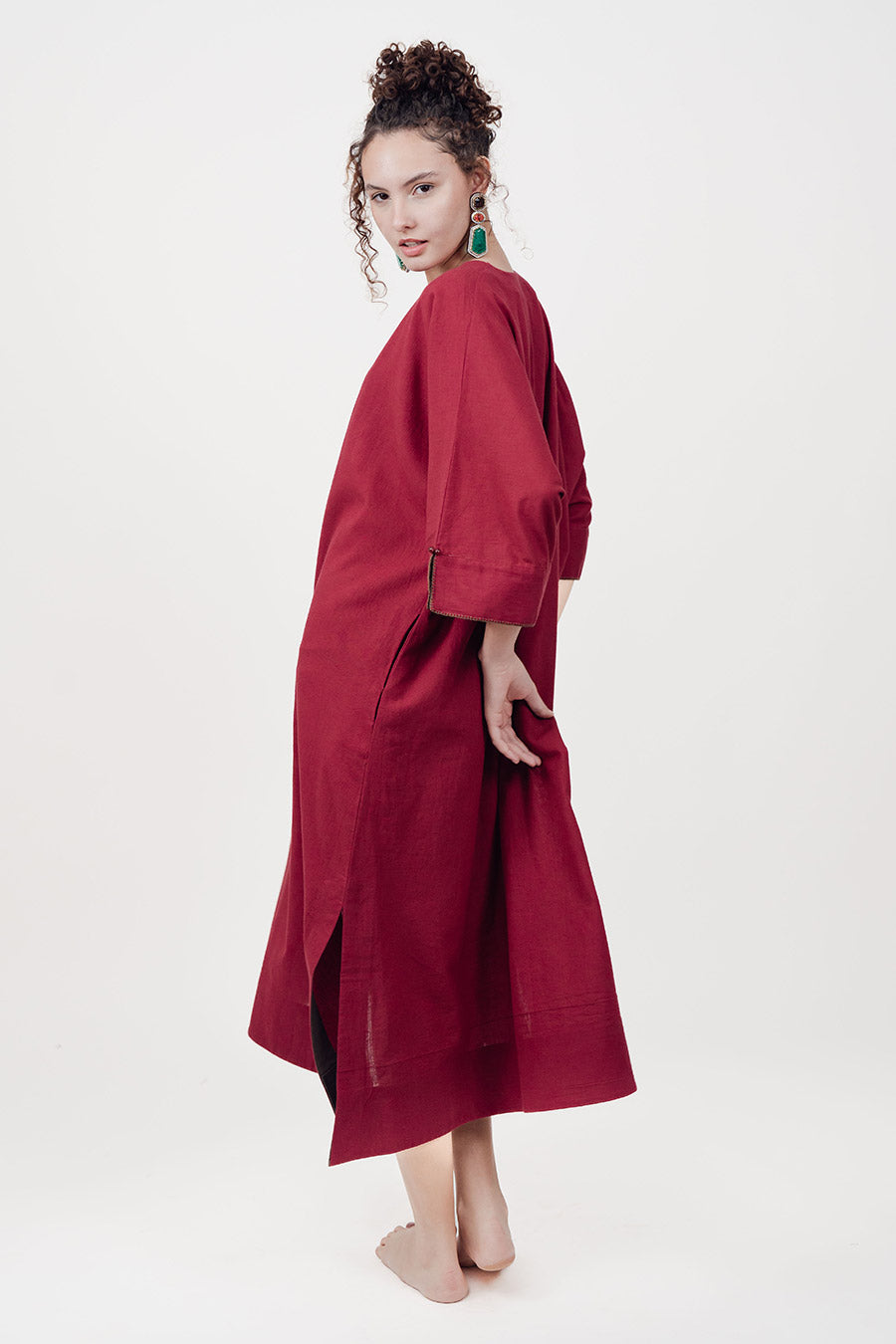 Pravaah Marron Cotton Linen Kaftan