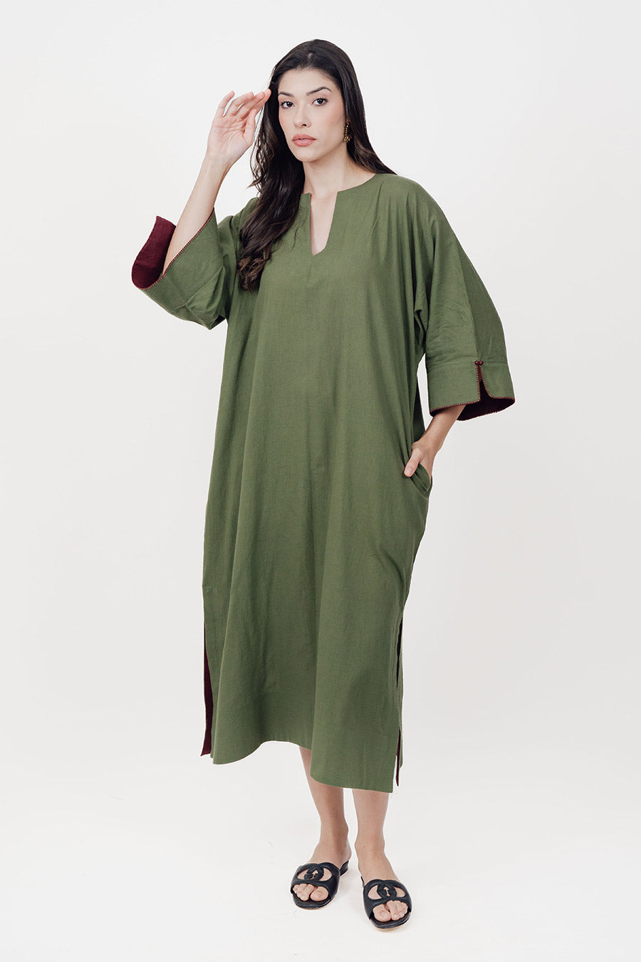 Pravaah Green Cotton Linen Kaftan