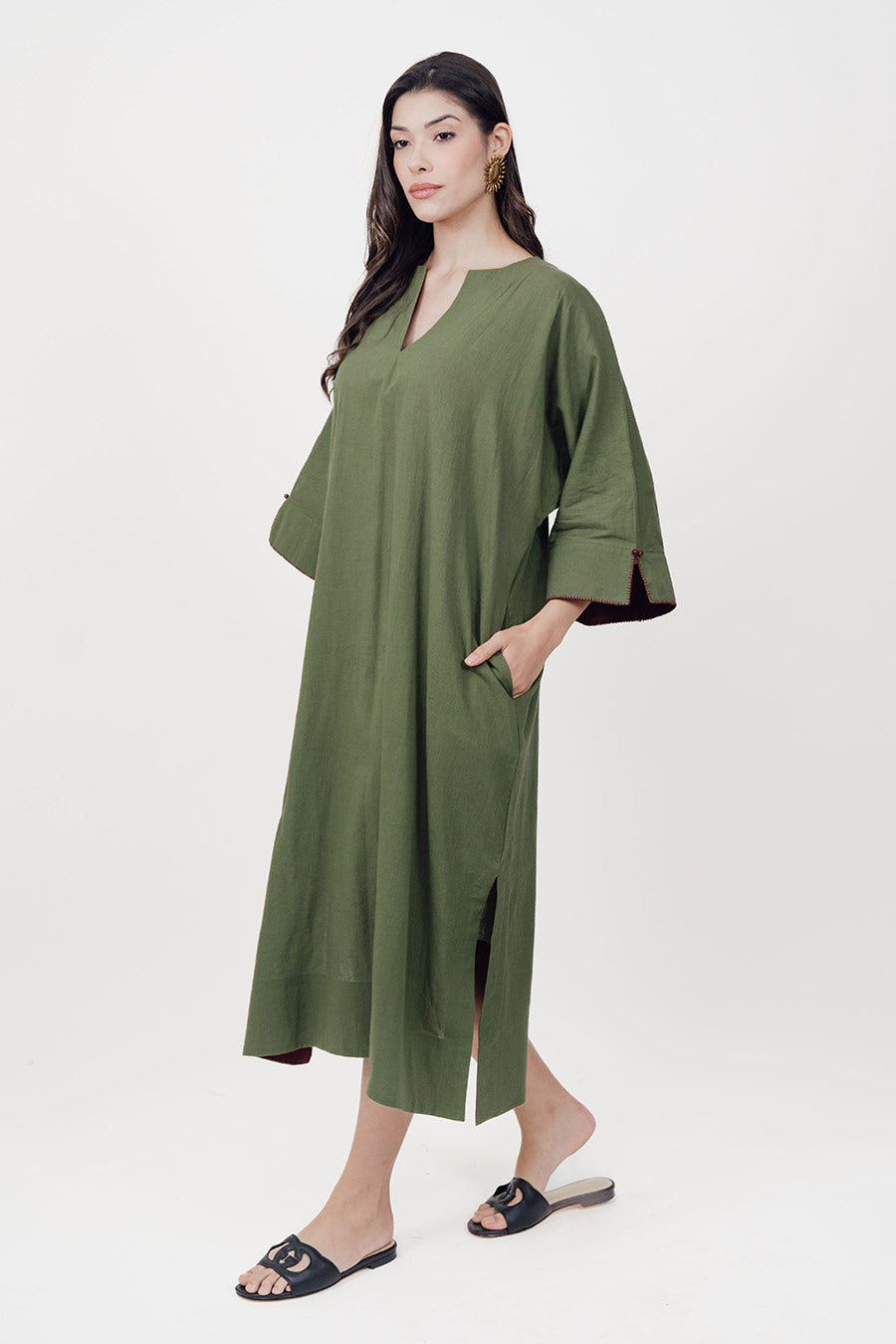 Pravaah Green Cotton Linen Kaftan