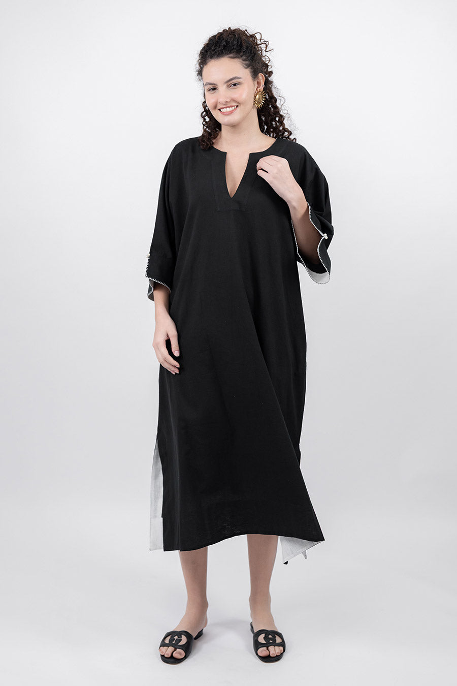 Pravaah Black Cotton Linen Kaftan