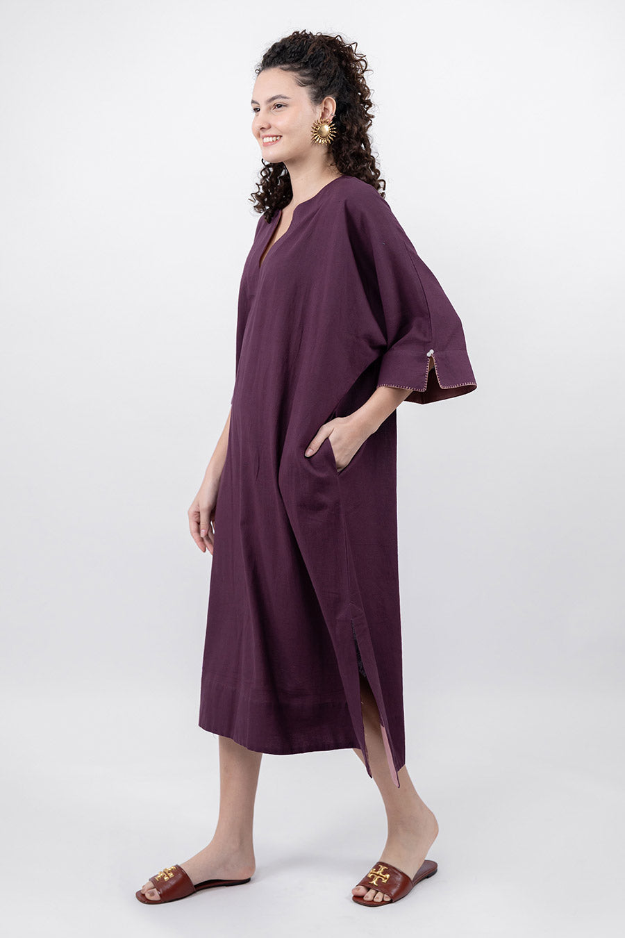 Pravaah Burgundy Cotton Linen Kaftan