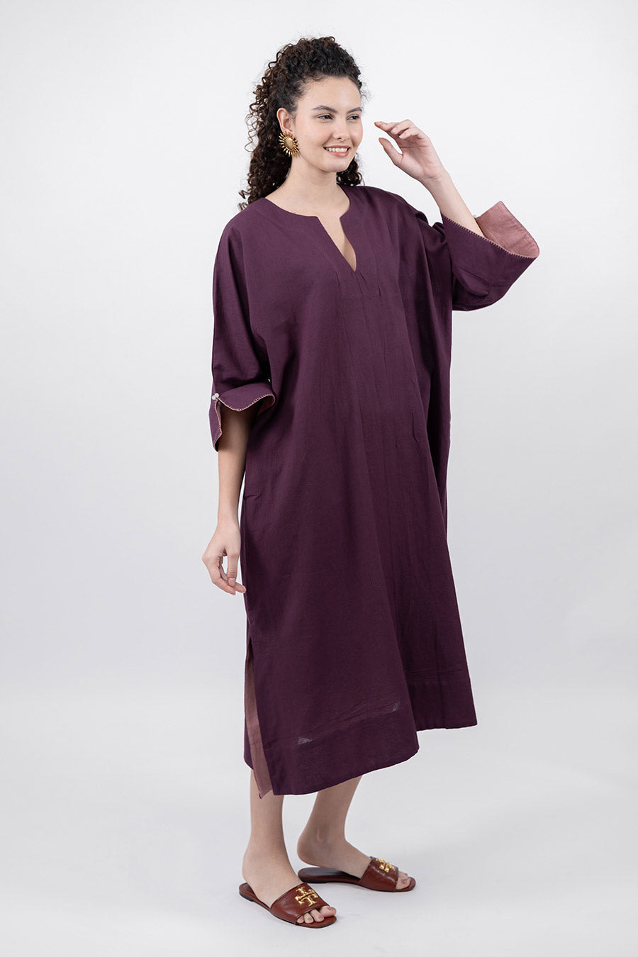 Pravaah Burgundy Cotton Linen Kaftan