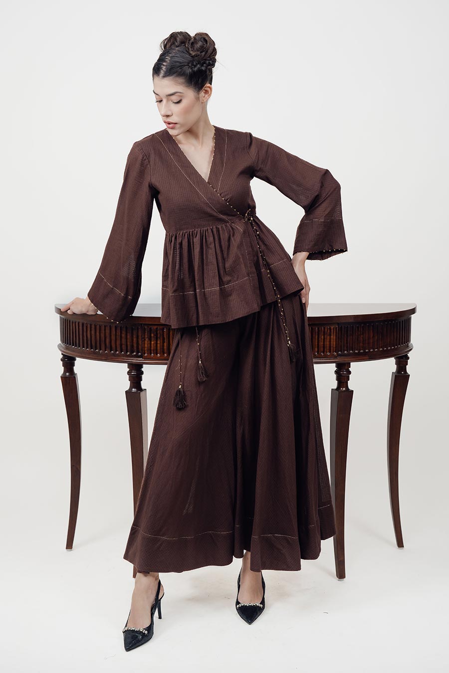 Saaz Brown Embroidered Sharara Set