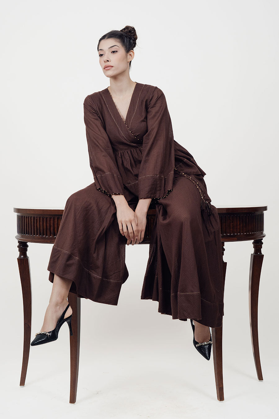 Saaz Brown Embroidered Sharara Set