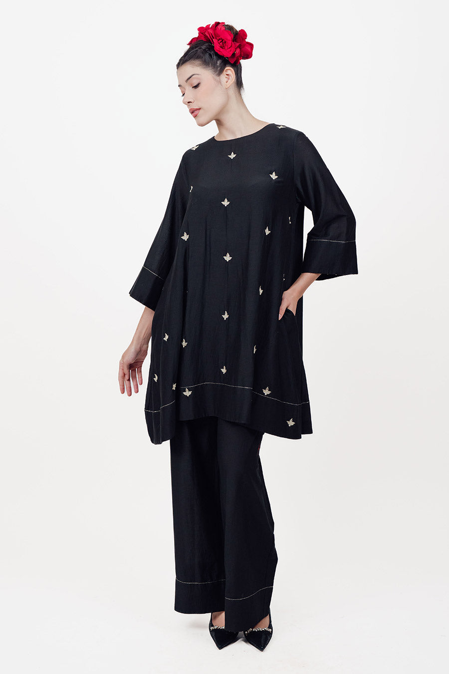 Taara Black Cotton Silk Embroidered Co-Ord Set