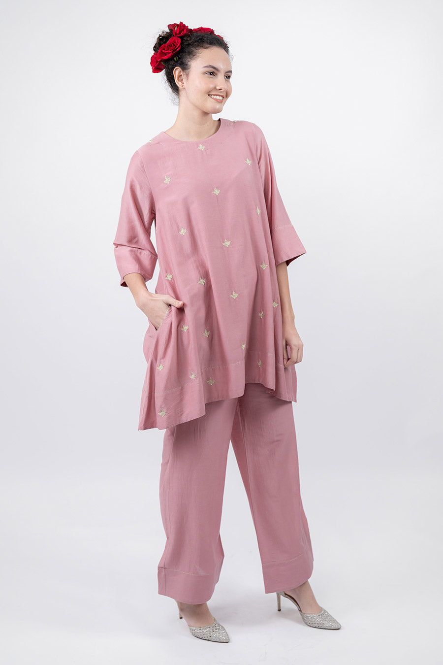 Taara Rose Pink Cotton Silk Embroidered Co-Ord Set