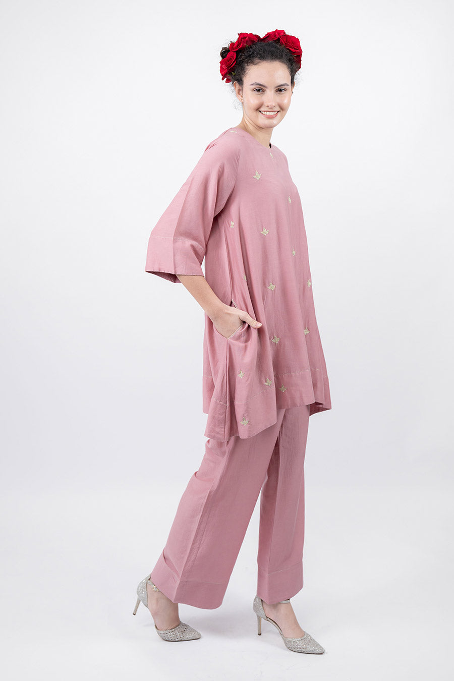 Taara Rose Pink Cotton Silk Embroidered Co-Ord Set