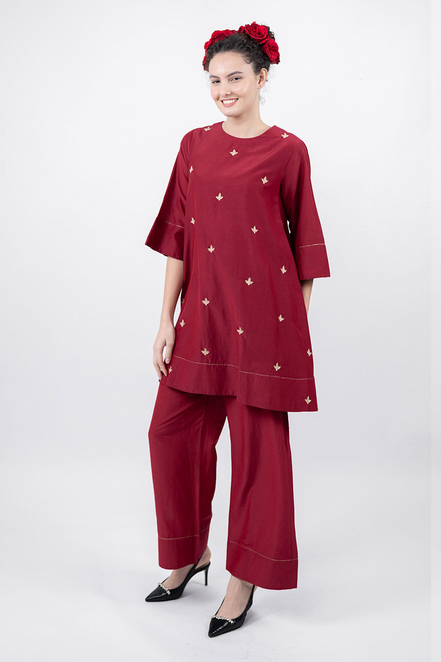 Taara Maroon Cotton Silk Embroidered Co-Ord Set