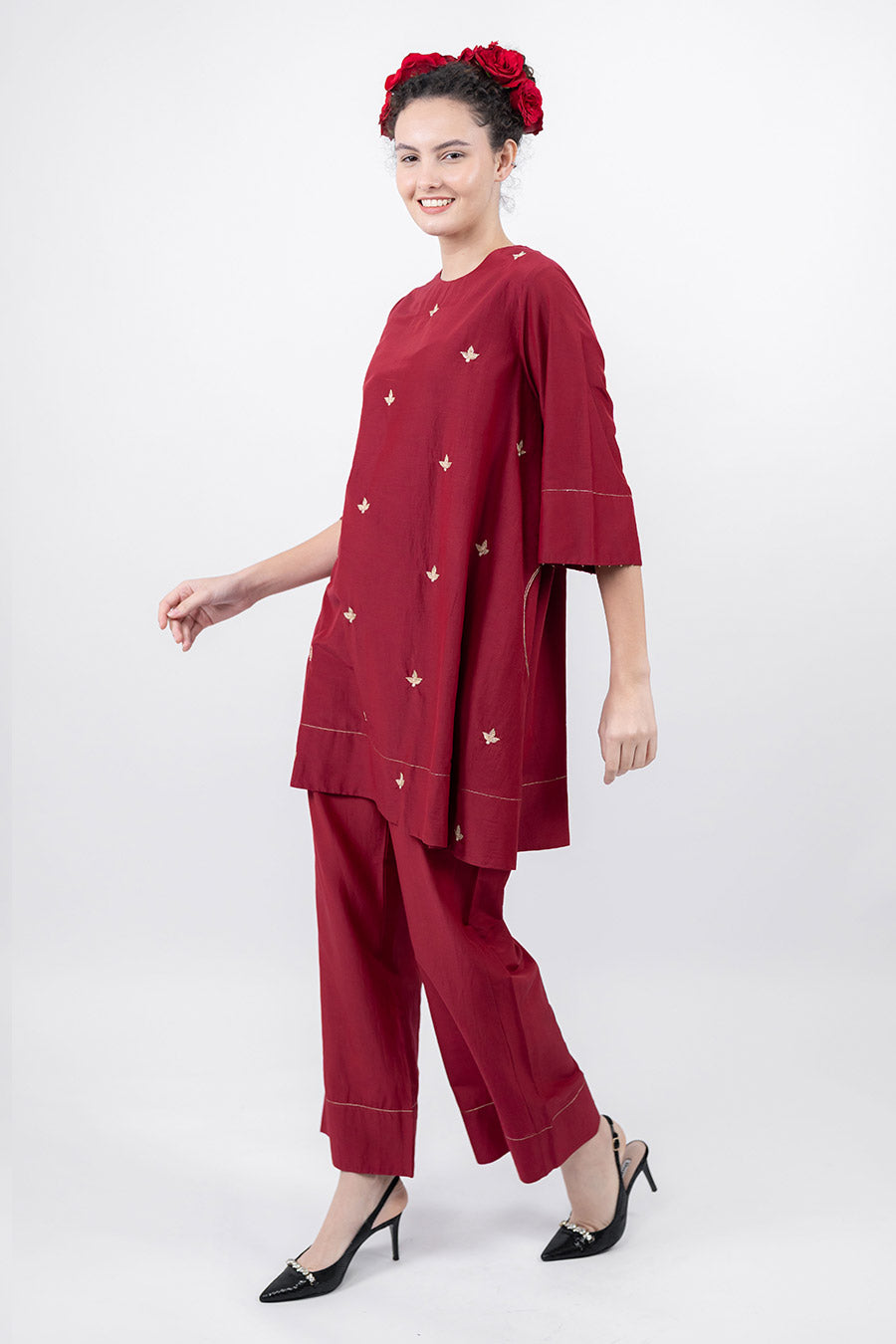 Taara Maroon Cotton Silk Embroidered Co-Ord Set